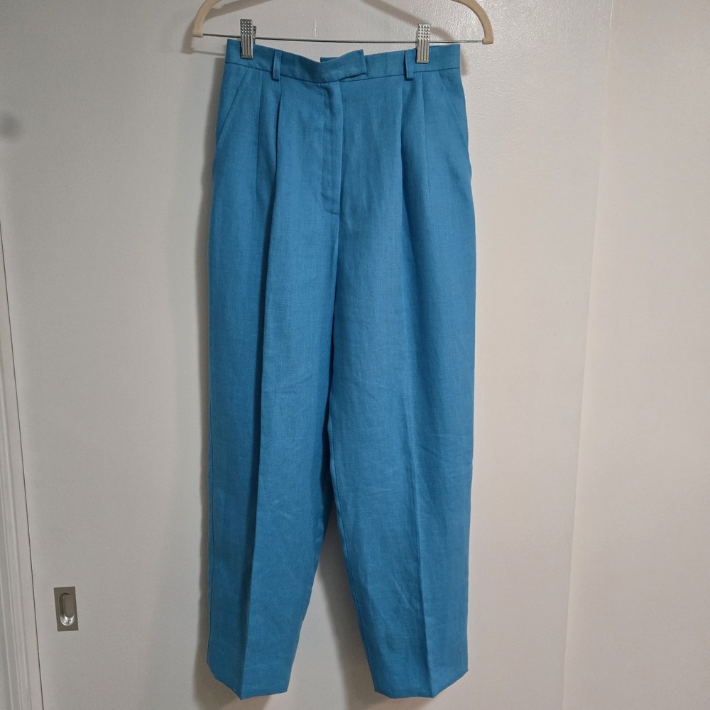 Talbots Petite Size 4P Aqua Blue Irish Linen Pants Lined Tapered‎ 90s Ankle